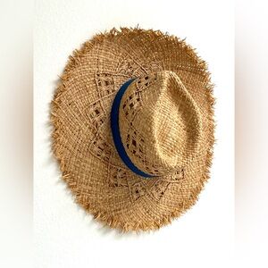 Rag and Bone, Frayed Wide Brim Sun Hat Natural with Blue Band, Medium